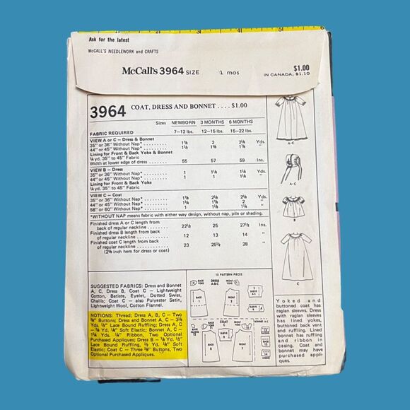McCall's 3964 Baby, Infant's Coat, Dress and Bonnet Pattern Newborn Vintage B12 - Picture 3 of 3